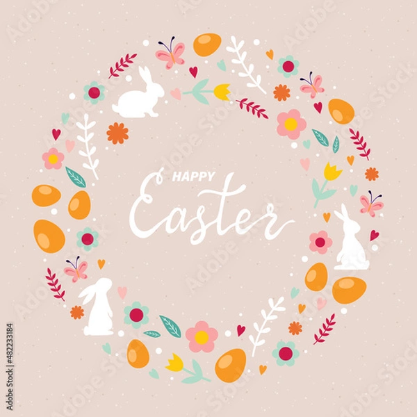 Fototapeta Happy Easter greeting card with wreath of flowers, brunches, Easter eggs and rabbit silhouettes. Vector illustration.