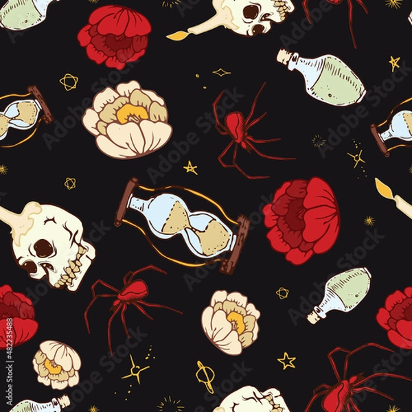 Fototapeta Mystical spooky Halloween seamless repeat pattern of skulls roses spiders and macabre elements. White, red, green, blue, and brown elements on a black backdrop.
