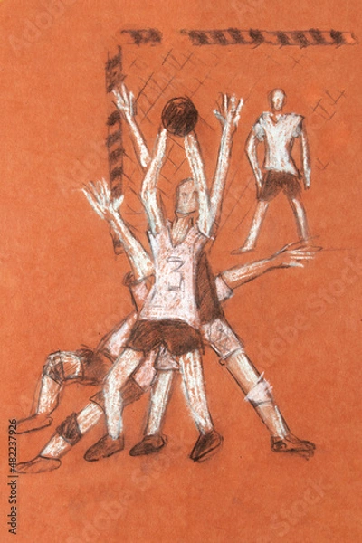 Fototapeta Drawing of rugby players on the field. Fight for the ball. In the background, the goalkeeper is visible in the goal. Faces are not visible. Drawing with crayons on brown paper.