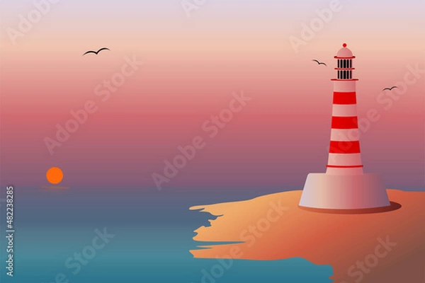 Fototapeta Vector lighthouse on sunset at sand coast. Sea background.