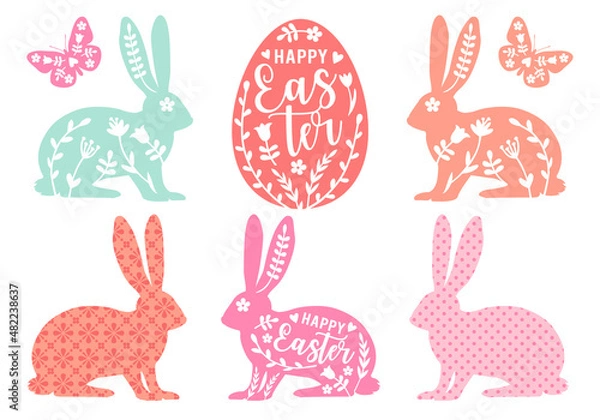 Obraz Easter egg and bunny with floral pattern, vector set