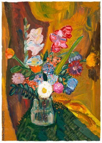 Fototapeta Still life gouache glass vase with different colors. The vase stands on a green tablecloth. Yellow-brown environment. On paper. Painting.