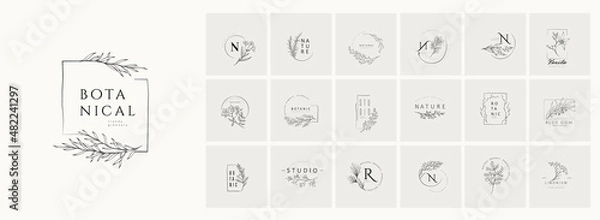 Fototapeta Minimal feminine floral monogram and logo. Hand drawn wedding herb, elegant leaves. Botanical rustic trendy greenery vector