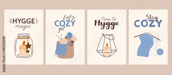 Obraz Cozy cards hygge theme. Illustrations with candles in candlesticks, knitting and balls of wool. Vector posters in flat style with cute lettering