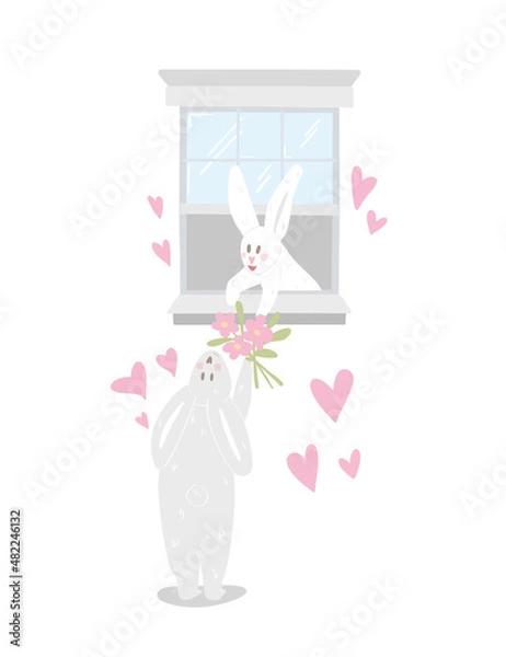 Fototapeta The rabbit gives flowers to the rabbit in the window. Romantic vector illustration for happy valentine's day. Gray rabbit and white bunny girl with a bouquet. Cute couple in love for a postcard.