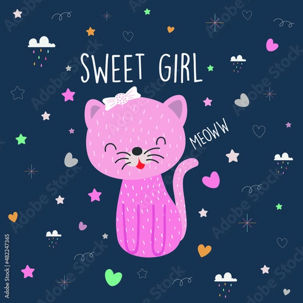 Obraz Cute kitten on a patterned background for design print.