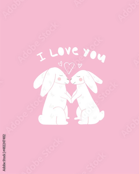 Fototapeta Two rabbits holding hands. White bunnies on a pink background. Lovely couple in love. Romantic vector illustration for valentine's day. Flat style. Great for postcard on February 14th.