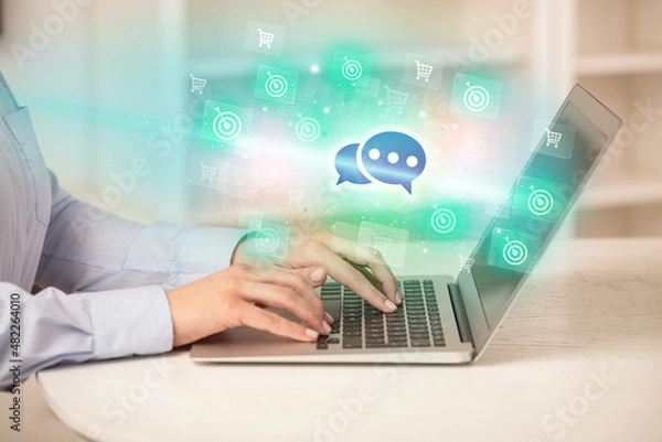 Fototapeta Businessman working on laptop with new business