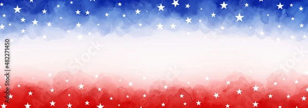 Fototapeta 4th of July or Memorial Day background, July 4th red white and blue colors with soft faded watercolor star border texture design and blank white center, veteran's day patriotic color background