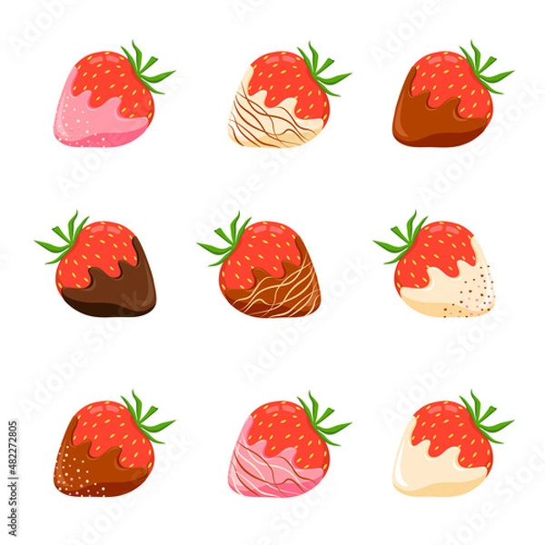 Fototapeta Vector set consisting of assorted chocolate covered strawberries. Design elements in flat style.