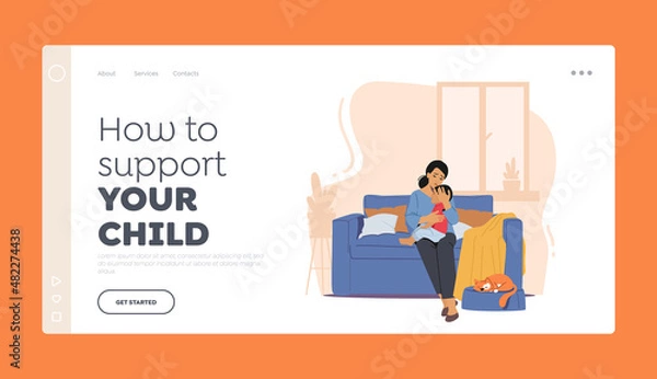Fototapeta How to Support your Child Landing Page Template. Mother Calm Down Little Frightened and Crying Son Sitting on her Knees