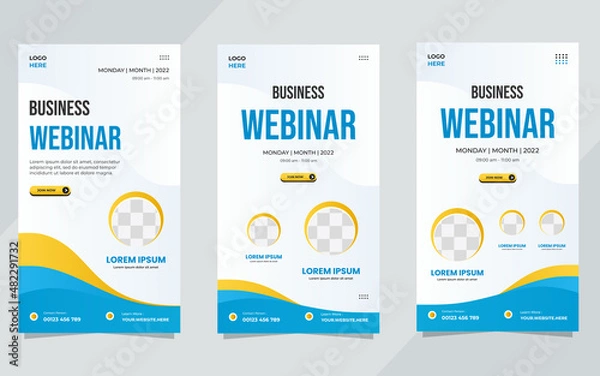 Obraz Set of social media stories template with circle frame and wave background, suitable for business webinar, marketing webinar, and other online seminars