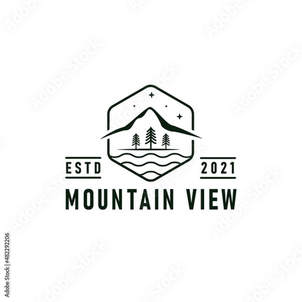 Obraz Mountain view logo emblem vector illustration with river, forest, and mountains silhouettes design