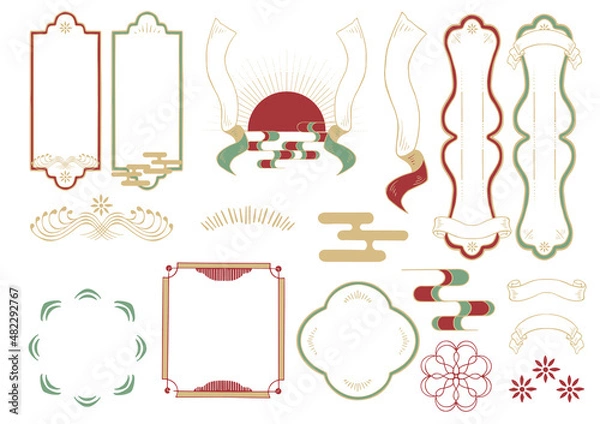 Obraz レトロな和柄のフレーム素材　日の出　アイコンセット　年賀状　和風　正月　結婚式案内状　手書き風