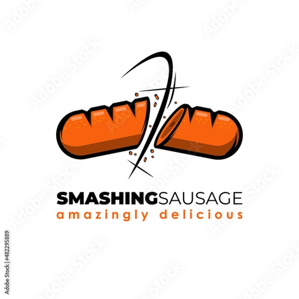 Fototapeta The red and orange sausage logo, which is split open, is suitable for street food, junk food, or the sausage-loving community
