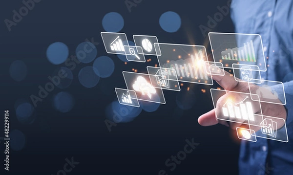 Fototapeta Accounting, financial, stock trading, business growth charts graph, investment analysis, and stock market analysis concept. Businessman touching point on business growth graph, market analysis.