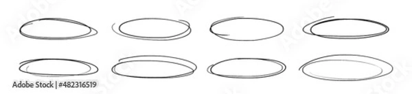 Obraz Set of doodle ellipses. Scribble ovals, bubbles to circle and highlight text. Handwriting horizontal ellipses isolated on white background.