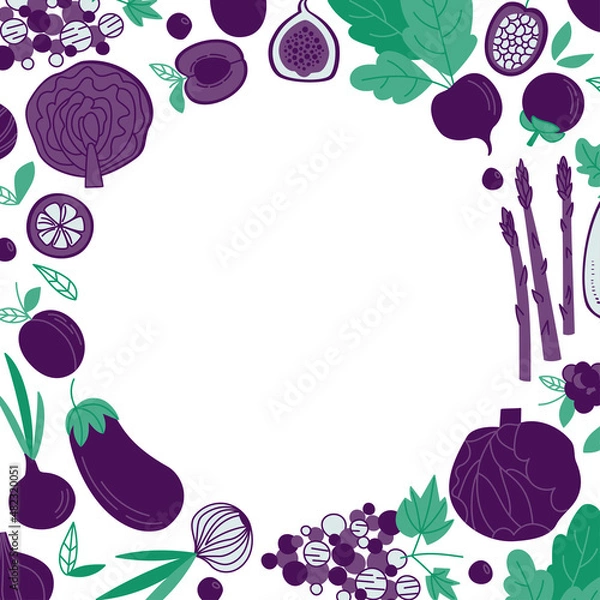 Obraz Various purple vegetables, fruits, berries - round design template with text space. Frame with violet vegetable products in flat style. Vector illustration with cabbage, plum, and other food