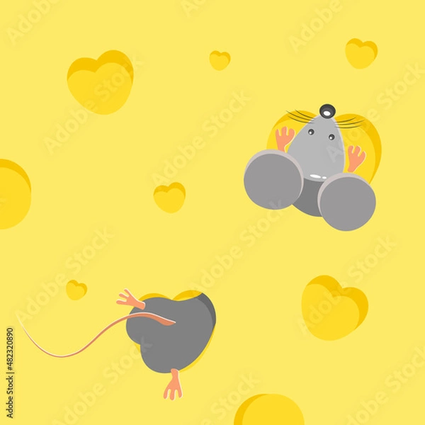 Fototapeta The mouse burrowed into a large piece of cheese. Cheese with holes in the form of hearts from which the butt of the mouse sticks out. 