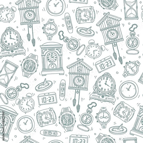 Fototapeta Seamless repeatable pattern with clocks, hand drawn vector illustration.