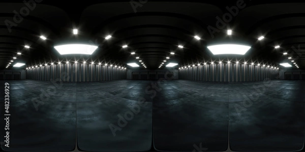 Fototapeta Full spherical hdri panorama 360 degrees of empty exhibition space. backdrop for exhibitions and events. Tile floor. Marketing mock up. 3D render illustration