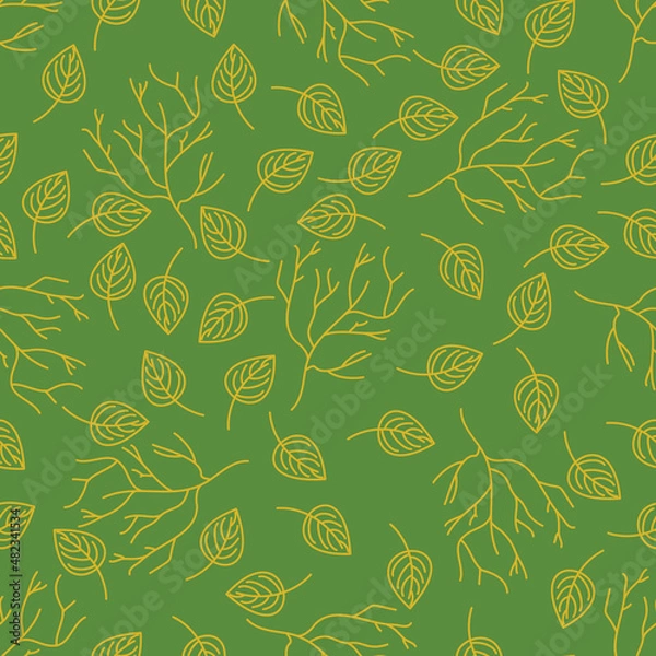 Obraz Seamless pattern with the image of leaves and branches on a light green background. Texture with the image of branches and leaves with a yellow outline.