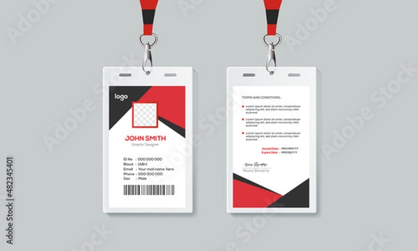 Fototapeta Simple and Red ID Card Design Template. Professional Identity Card Template Vector for Employee.