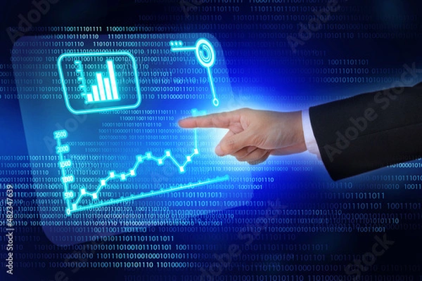 Fototapeta Businessman press on digital screen, digital transformation in business and financial analytics concept