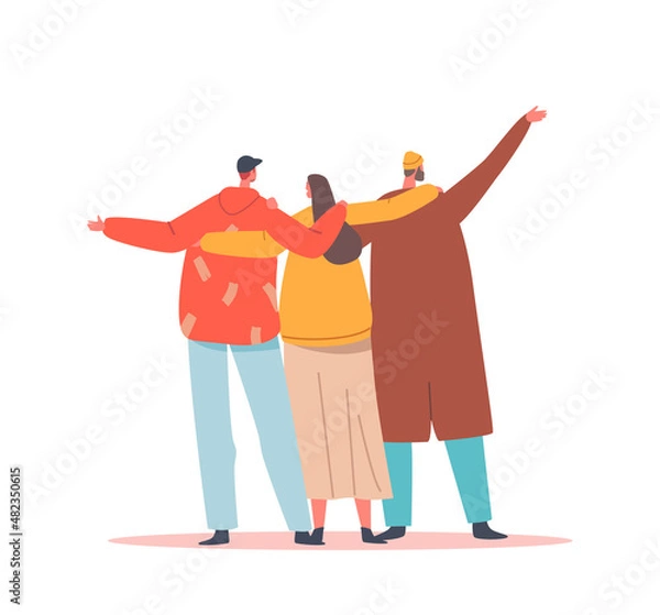 Fototapeta Hugs with Friends Rear View, International Friendship Day Celebration, Unity and Support Concept. Characters Hugging