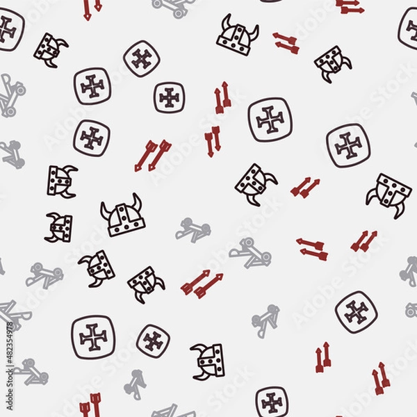 Fototapeta Set line Viking in horned helmet, Crusade, Medieval catapult and arrows on seamless pattern. Vector