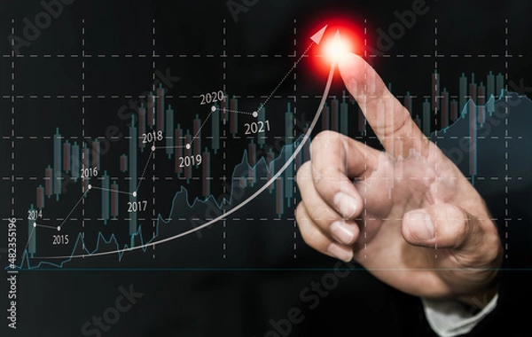 Obraz Planning and strategy, stock market, business growth, progress, or successful ideas. A businessman or cheerleader is a virtual rocket stock growth and investment transaction..