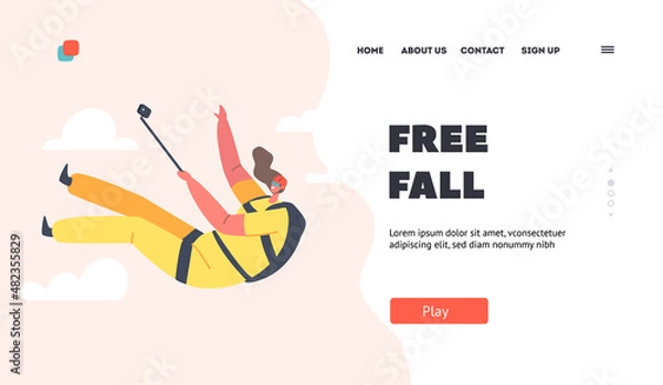 Fototapeta Free Fall Landing Page Template. Parachute Jumping Extreme, Female Skydiver Making Jump and Record Video on Smartphone