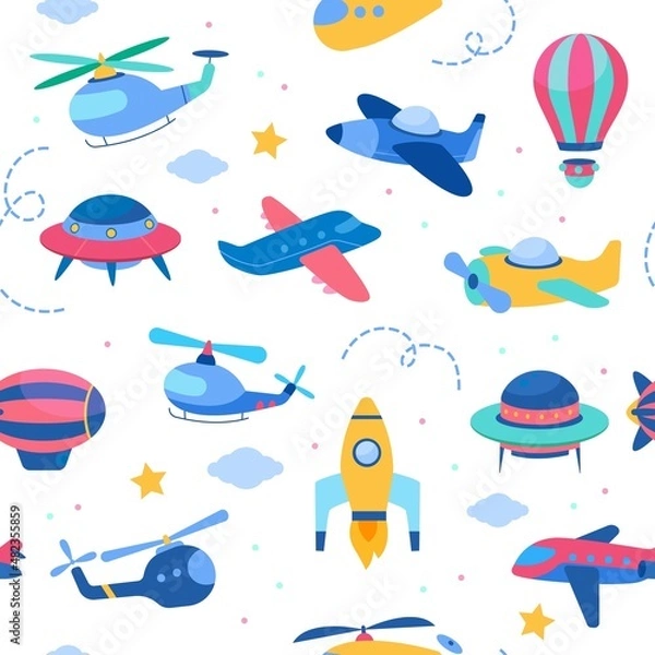 Fototapeta Kids air transport seamless pattern. Aeroplanes and rockets, helicopters and ufos, cute childish design, boys nursery theme, white background. Decor textile, wrapping paper, vector print