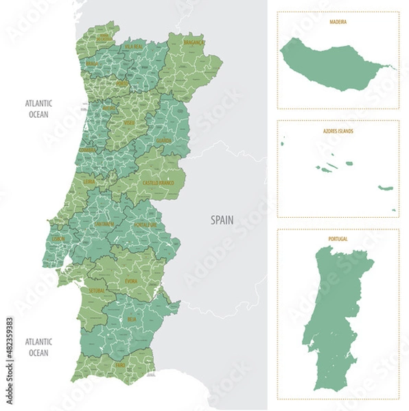 Obraz Detailed map of Portugal with administrative divisions into region and municipalities, major cities of country, vector illustration onwhite background