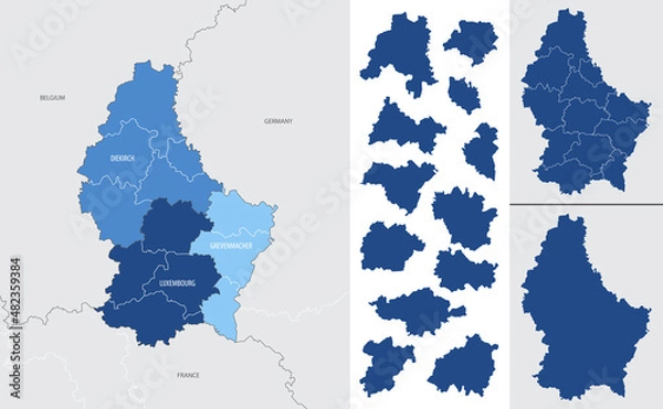 Obraz Detailed vector blue map of luxembourg with administrative divisions into district and cantons of the country