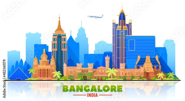 Fototapeta Bangalore( India ) skyline with panorama in white background. Vector Illustration. Business travel and tourism concept with modern buildings. Image for presentation, banner, website.