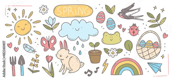 Fototapeta Spring doodle set. Cute set of spring cliparts, easter elements. Isolated illustration.