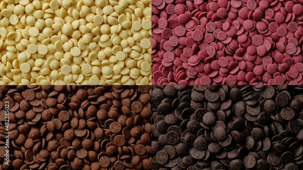 Fototapeta Different types of chocolate. White, ruby, milk, dark chocolate chips