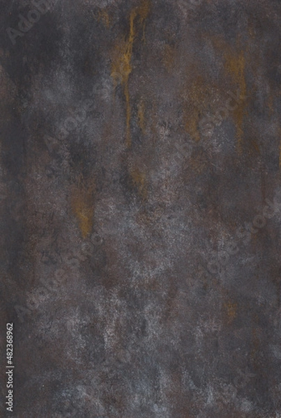 Fototapeta Black metallic texture with brown streaks. Dark iron cast iron sheet with patina and rust.