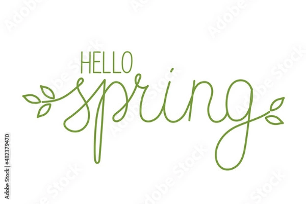 Fototapeta Hand drawn line art hello spring lettering text. Lettering spring season with leaf for greeting card, invitation template, poster and banner