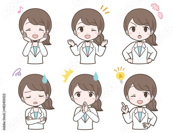 Obraz 白衣姿の若い女性の表情セット