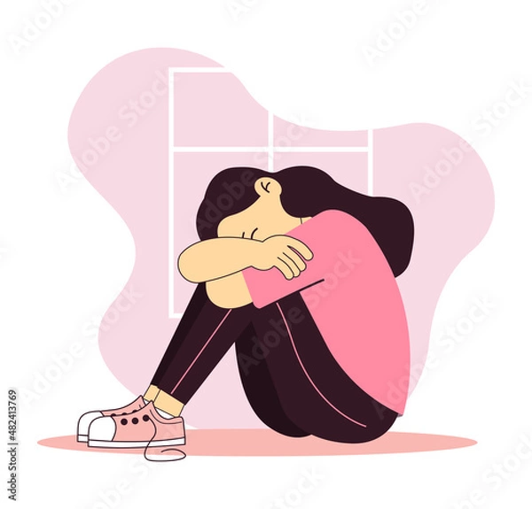 Fototapeta Illustraton of depression issue. Young girl have mental problems. Concept of kid's sorrow, alone and bad mood. Problems of teens