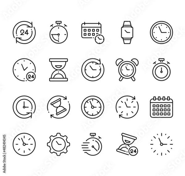 Fototapeta Set of time icons. Clock pictograms. Flat symbol for web. Watch line stroke. Isolated on white background. Vector date eps10