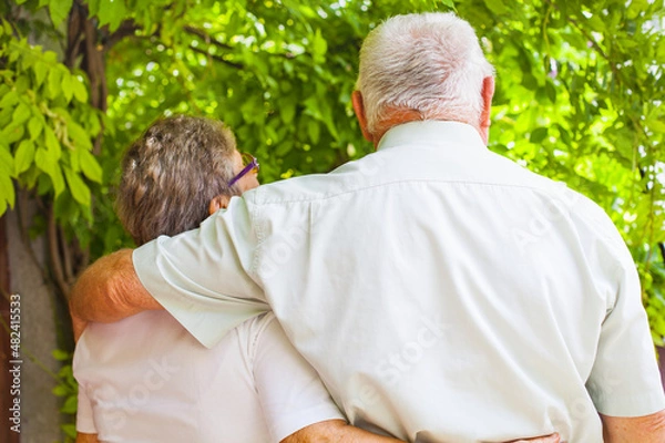 Fototapeta Elderly couple hugging, back view