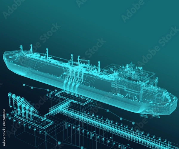 Fototapeta Gas carrier at the Berth. Neon Scheme. 3d-rendering