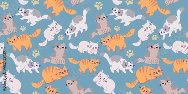 Fototapeta Vector seamless pattern with happy cute cat character in different pose on blue color background. Flat line art style design of seamless pattern with many animal cat