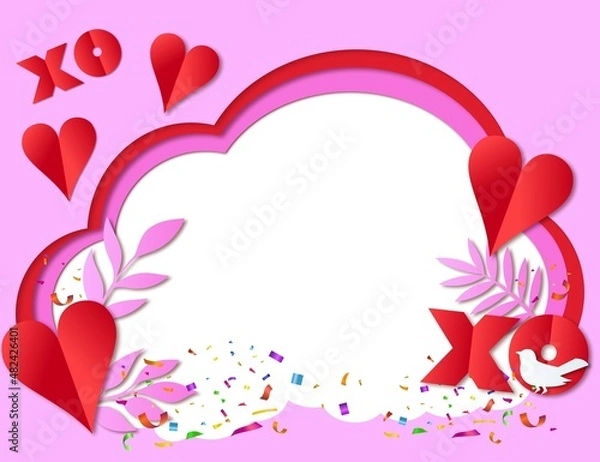 Fototapeta Valentine frame with hearts confetti and leaves xo