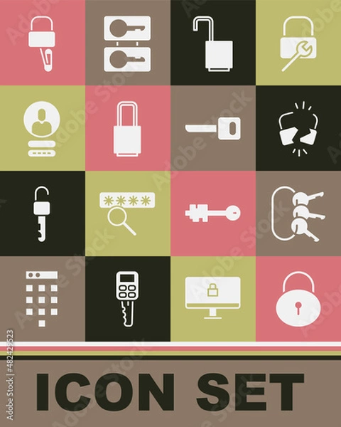 Fototapeta Set Lock, Bunch of keys, Broken or cracked lock, Open padlock, Create account screen, picks for picking and Key icon. Vector