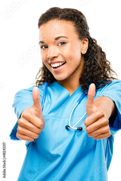 Fototapeta Happy mixed race doctor smiling arms folded isolated on white ba