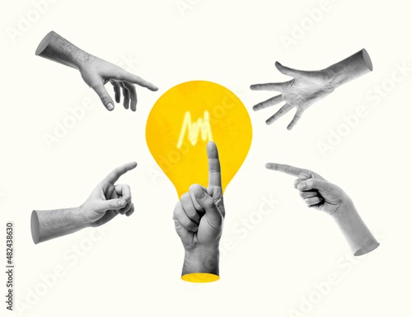 Obraz Human hands reach for a brilliant idea generated by the most talented and point to lightbulb, contemporary collage. Teamwork, business, collaboration, problem solving, brainstorm concept.